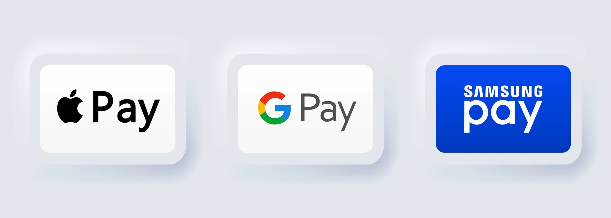 Logos for Apple Pay, Google Pay, and Samsung Pay